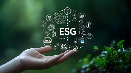 Minimalist design of a hand holding a digital interface with interconnected icons representing environmental social and governance ESG concepts on a clean modern green toned background