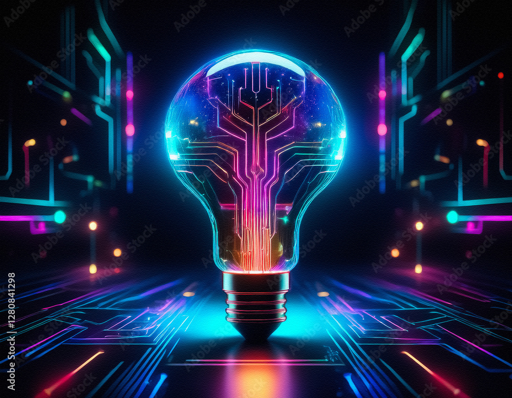 Fototapete a glowing lightbulb with circuit patterns on a neon background suggests innovation and technological