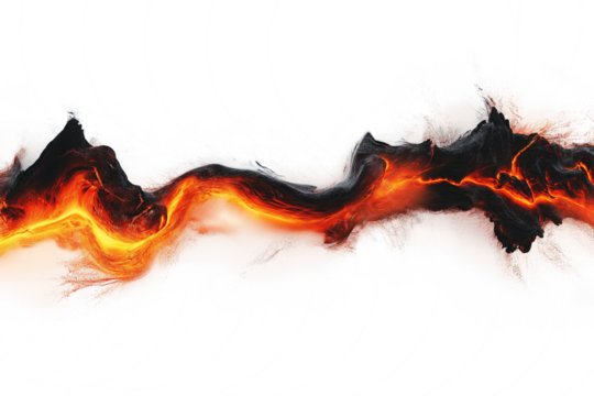 Flowing lava effect with glowing embers and smoke isolated on transparent white background