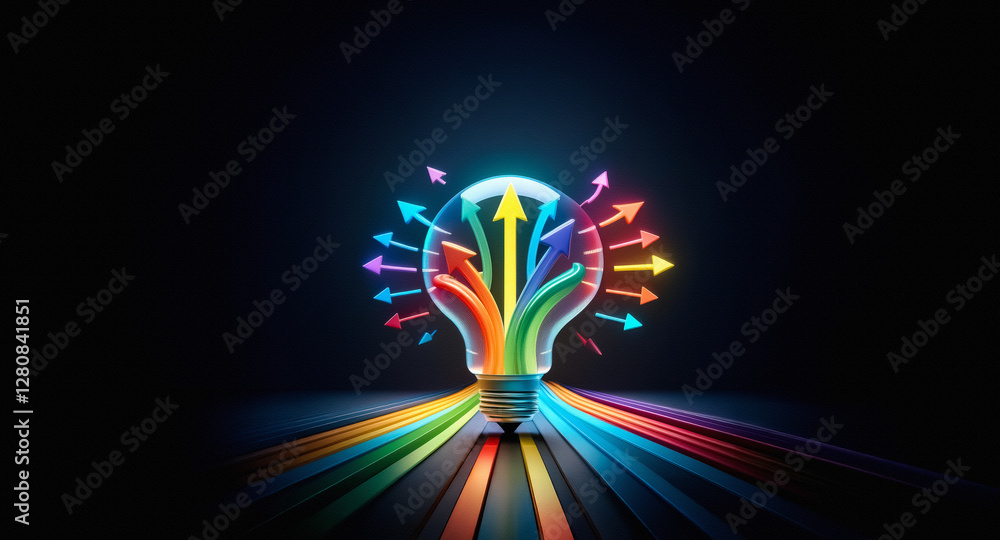 Poster a luminous lightbulb shape made of vibrant, multicolored arrows radiates outwards and upwards on a d