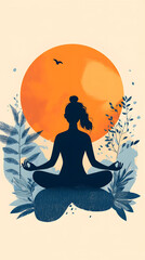 A flat vector illustration of a woman meditating in a lotus position on the planet Earth
