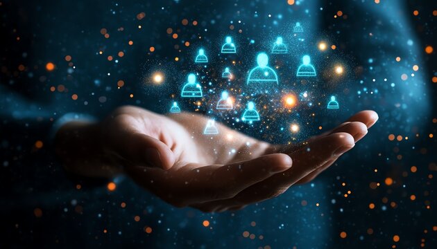 Closeup of businessman s hand with glowing talent or employee profile icons hovering above his palm, hiring concept, digital database, modern and sleek design