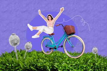 3D collage design composite trend artwork sketch of outdoors young lady ride bicycle transport...