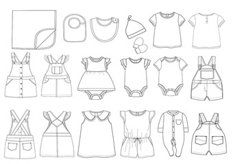   Kids Fashion vector Art drawing. Baby dress design technical Flat sketch vector illustration template. Apparel clothing Mock-up front and back views