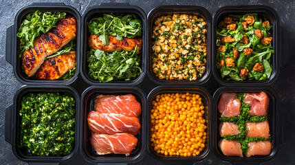 lay of healthy meal prep containers with a balanced mix of proteins, greens, and grains 