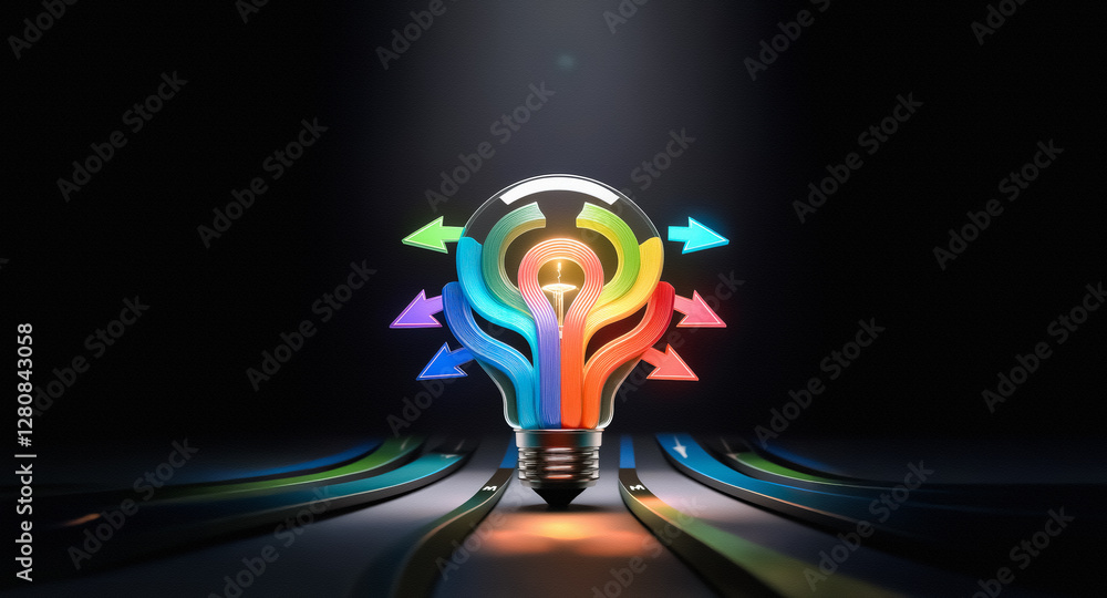 Poster a vibrant light bulb radiates colorful arrows, symbolizing ideas spreading outwards. bright paths co