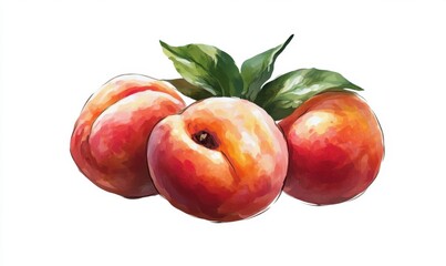 Three ripe peaches with green leaves arranged artistically on a white background