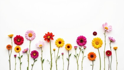 The serene and minimalistic composition showcases a mesmerizing array of vibrant flowers in various hues and sizes, carefully arranged against a pristine white backdrop