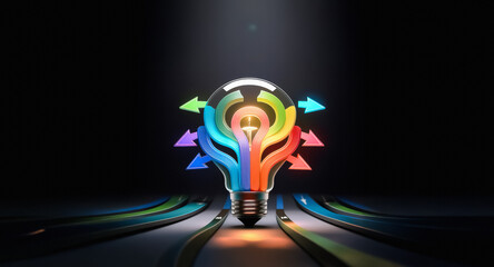 A vibrant light bulb radiates colorful arrows, symbolizing ideas spreading outwards.  Bright paths converge towards the bulb against a dark backdrop, representing innovation and creative solutions.