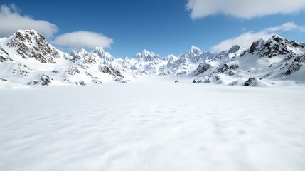 Obraz premium Snow-covered mountain valley under a bright blue sky with scattered clouds during daytime.