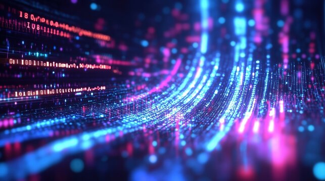 Vibrant digital data stream showcasing flowing binary code in a futuristic landscape - Powered by Adobe
