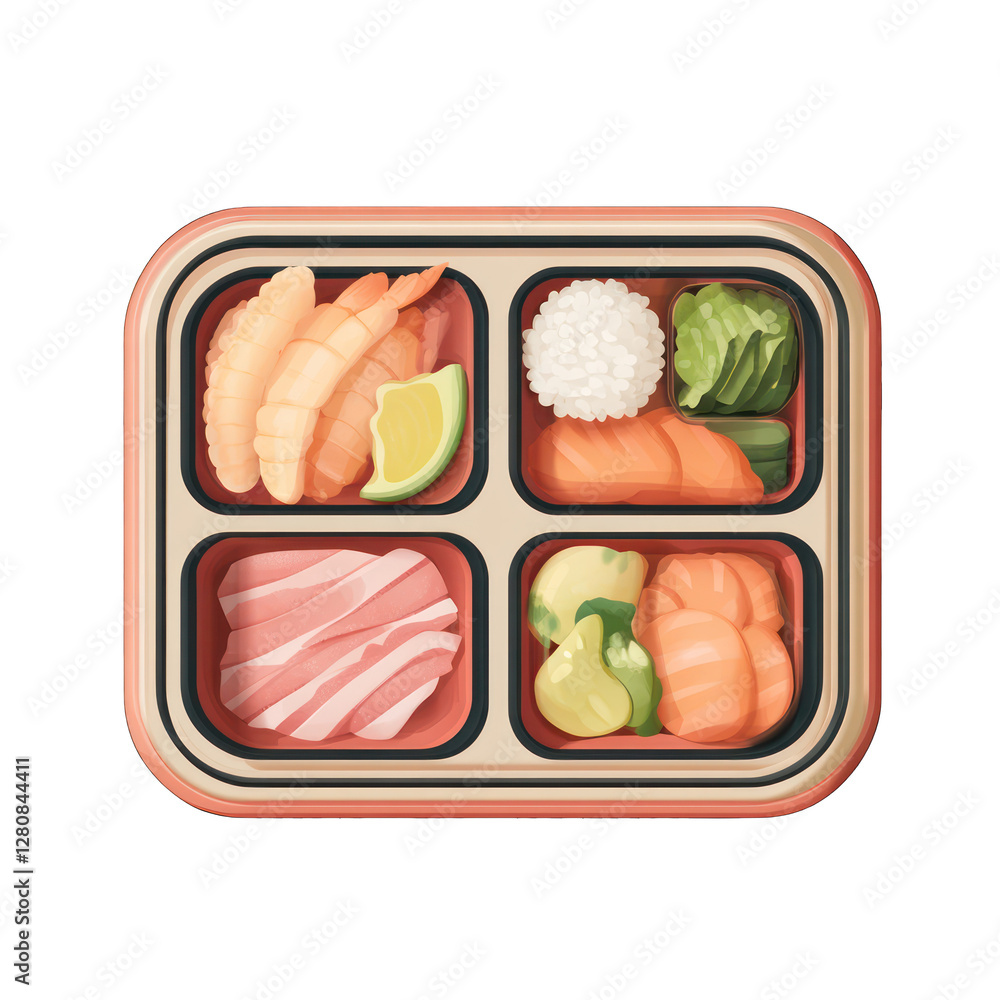 Poster bento lunchbox with compartments isolated on transparent background