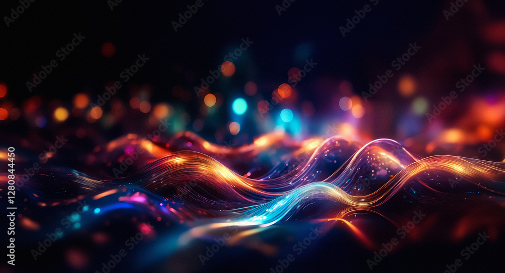 Poster abstract wavy background with bokeh lights. vibrant blue, orange, and purple hues create a dynamic a