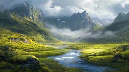 Serene river flowing through misty mountain valley.