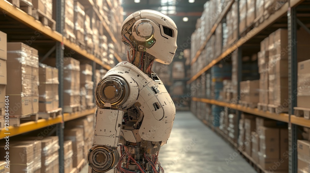 Poster in a modern automated warehouse, rpa bots efficiently manage inventory