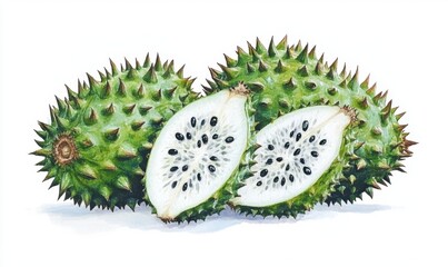 Three spiky green fruits with one sliced open, revealing white flesh and black seeds, on a white background