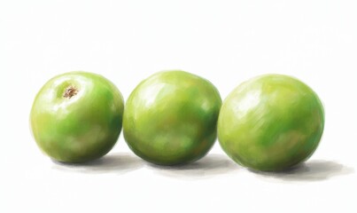 Obraz premium Three vibrant green apples lined up, showcasing their glossy texture against a soft background