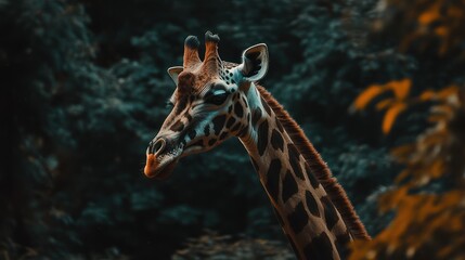 Obraz premium Giraffe portrait in dark forest.