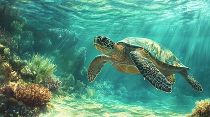 Obraz premium AI Generate A Majestic Green Sea Turtle Swimming Gracefully In Clear Turquoise Waters