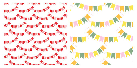 Monochrome red and Multicolored pale Pennant garlands Seamless Patterns. Festive background idea Set