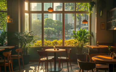 Fototapeta premium modern interior of cozy cafeteria with stylish furniture and warm lighting. Social gatherings.