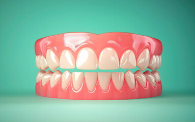 Obraz premium Healthy teeth and gums showing perfect occlusion on turquoise background. Perfect human teeth showing a healthy occlusion on a turquoise background, ideal for dental and healthcare-related themes.