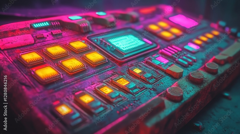 Poster innovative technology highlights a glowing microchip enveloped in vibrant light patterns in 4k