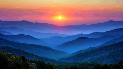 Fototapeta premium Serene sunset over majestic, layered mountain range. Vibrant colors paint a breathtaking landscape, ideal for travel, nature, and tranquility themes.