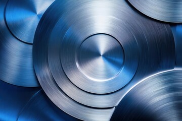 futuristic abstract composition with concentric brushed steel circles on deep blue background metallic sheen dynamic motion blur effect