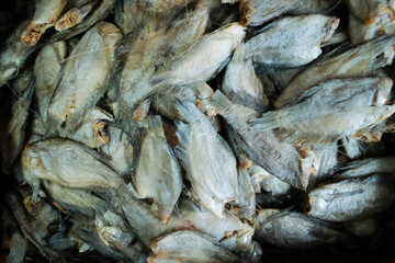 Salted Sepat fish (Ikan Asin Sepat) displayed in bulk, showcasing its dry, textured surface and preserved quality. A traditional Indonesian delicacy