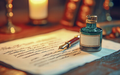 Elegant gold nib of fountain pen writing on decorated paper.