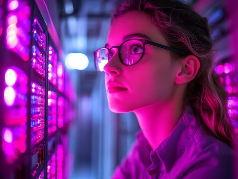 Woman Technician Server Room Inspecting