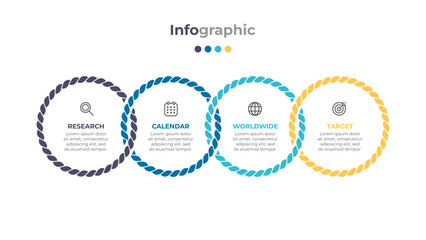 Modern infographic design template with creative rope and circle connection. Business process illustration marketing icons and outlines 4 steps or options.
