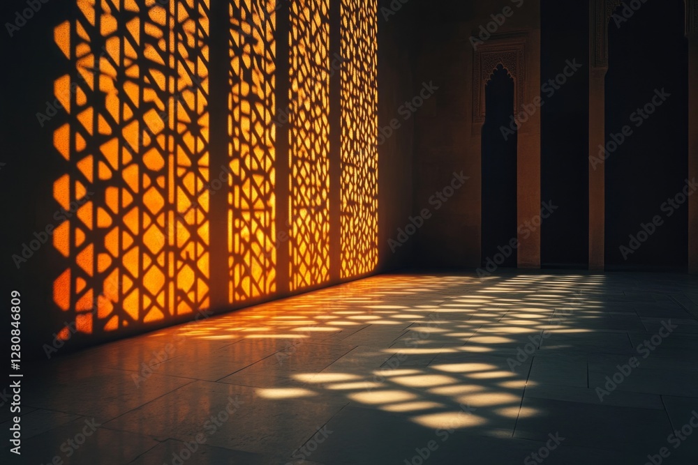 Poster Sunlight streams through beautifully crafted latticework, casting enchanting patterns on the polished floor