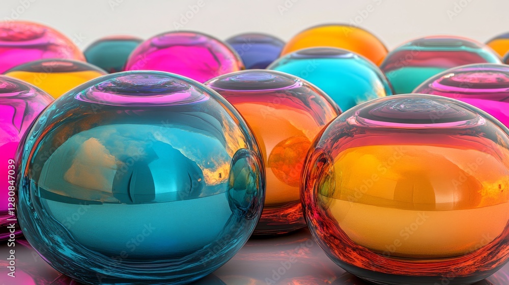 Poster a vibrant display of spheres transitioning from one color to another on a luminous backdrop