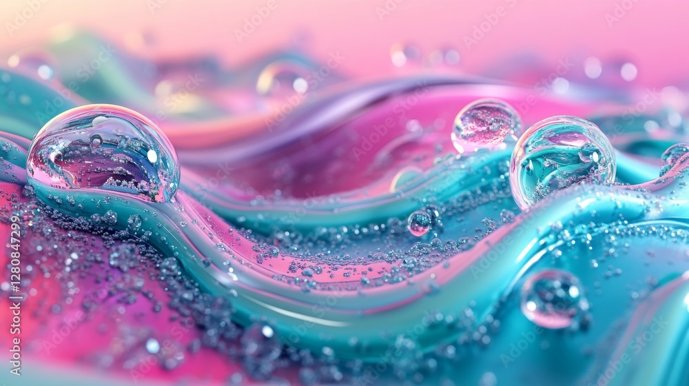 Poster floating orbs generating dynamic ripples with vibrant reflections in a minimalist space