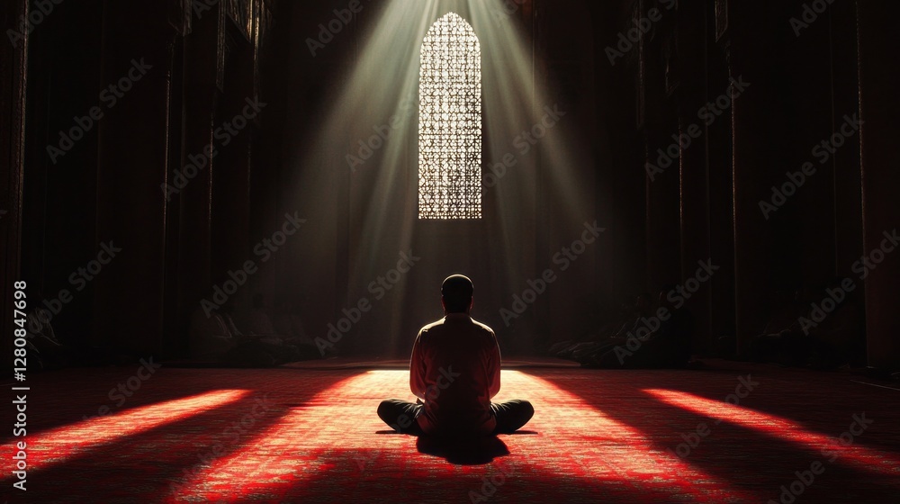 Poster in a serene mosque, a solitary figure sits in deep meditation. a single ray of light pours through a
