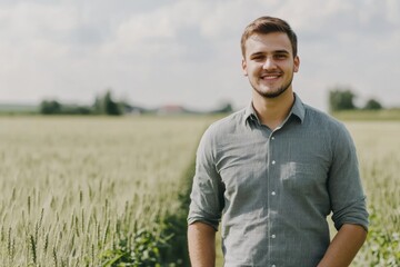 Young farmer inspecting wheat in a golden wheat field during summer