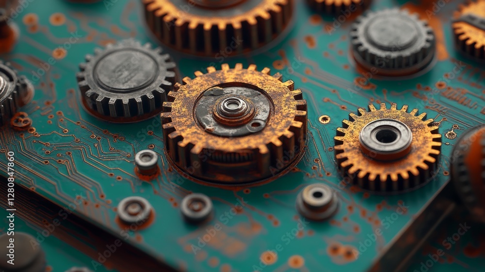 Poster a complex assembly of metallic gears featuring luminous effects set in a futuristic environment