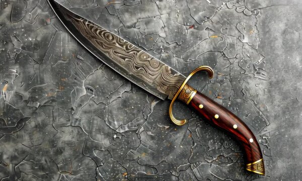 Ornate Damascus steel dagger with wooden handle on textured stone background