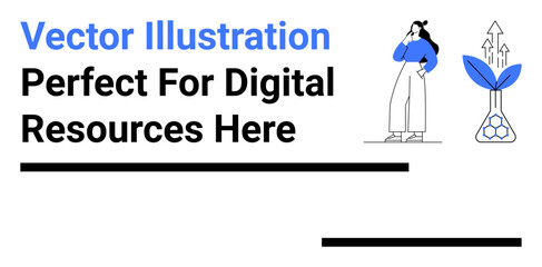 Young woman pondering beside a plant in a laboratory flask with arrows representing growth. Ideal for innovation, business strategy, success, creativity, environment, education, flat landing page