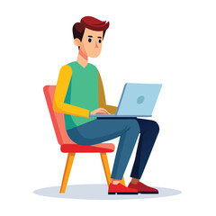 a boy is using his laptop vector