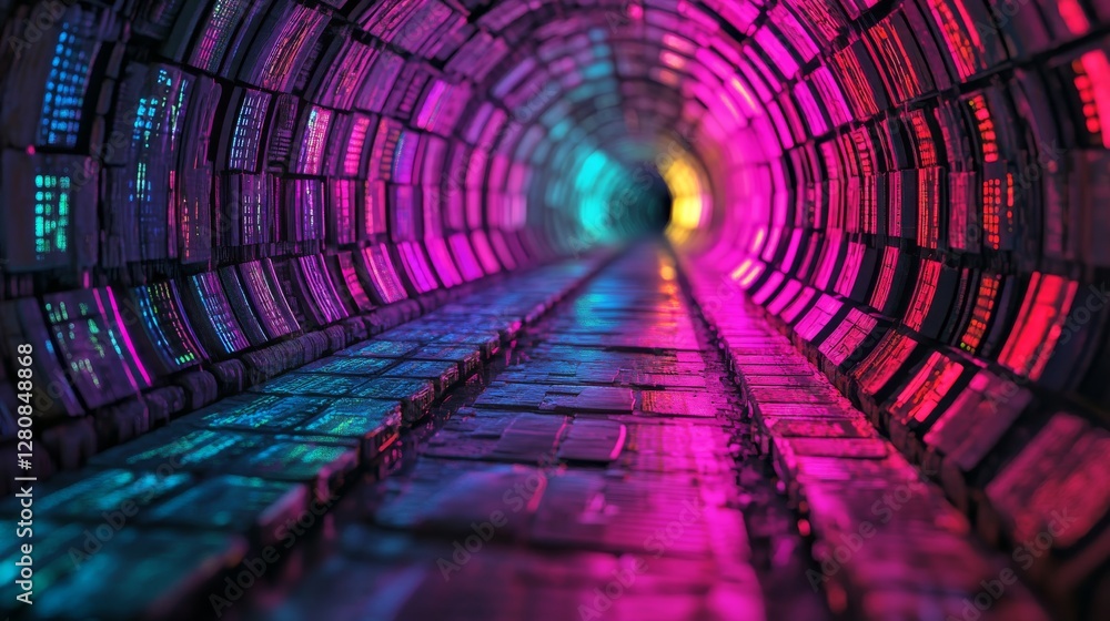 Poster a dynamic scene of colorful light patterns and data streams forming a lively digital landscape