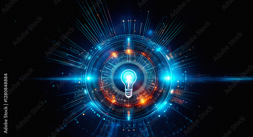 Poster abstract digital artwork featuring a glowing blue circular element with a keyhole in the center, rad