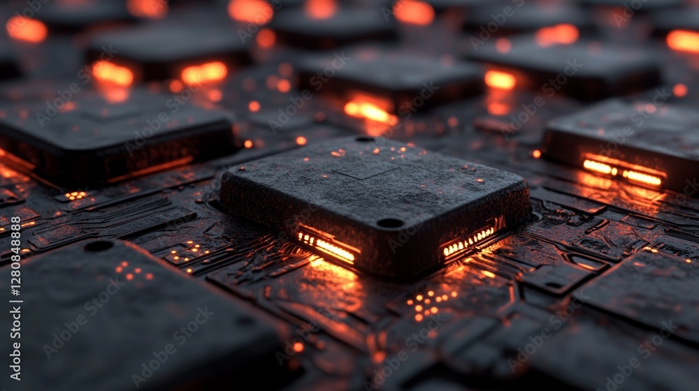 Poster a close-up view in 4k of a modern circuit board displaying complex details and shimmering connection