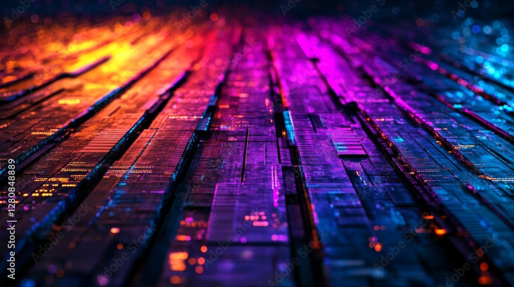 Poster vibrant digital imagery emerges from interweaving colorful light patterns and data streams