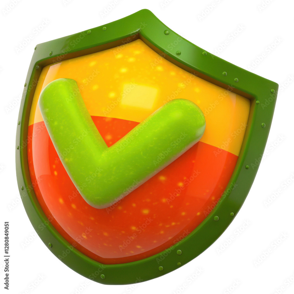 Poster 3d rendering of green check mark on orange and yellow shield against transparency