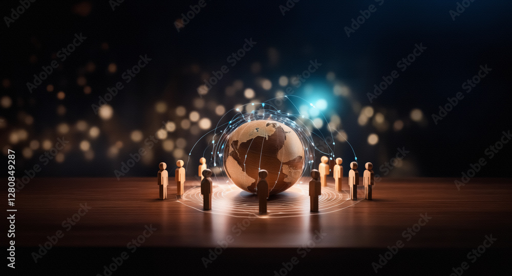 Aufkleber golden figures stand around a globe, representing worldwide collaboration and unity, set against a d