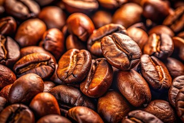 Naklejka premium Close-up photography reveals the deep brown texture and aroma of roasted coffee beans.