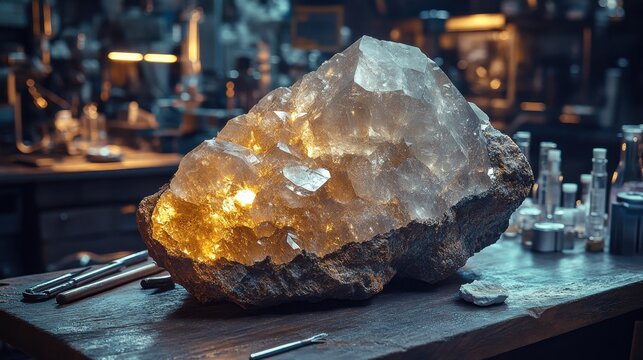 Close-up of raw thulium ore with geological tools on a table, research lab in background

